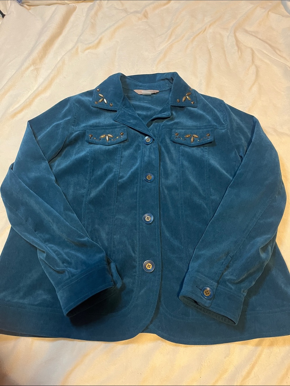 TanJay Teal Velvet Embellished Button Jacket